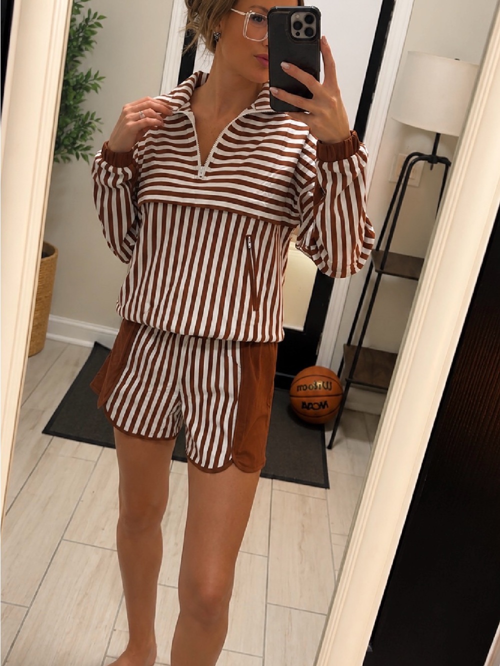 Striped Brown & White Two-Piece Pullover Set